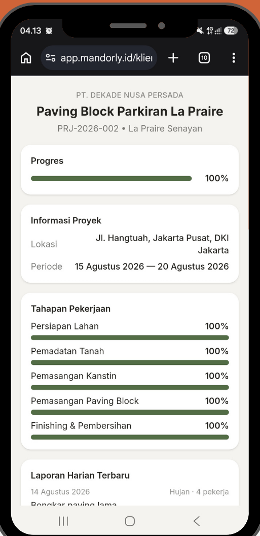 Tampilan klien Mandorly — progres proyek lewat satu link