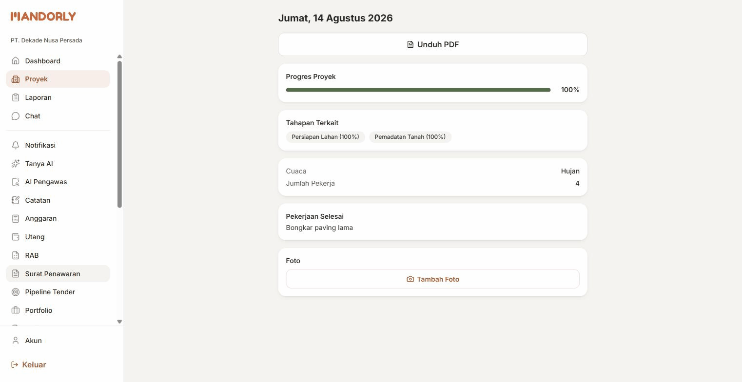 Rekaman layar asli modul Penawaran & Tender di aplikasi Mandorly