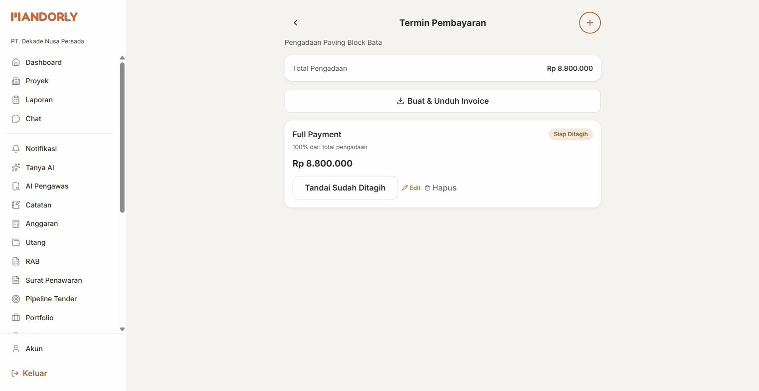 Rekaman layar asli modul Serah Terima & Kontrak di aplikasi Mandorly